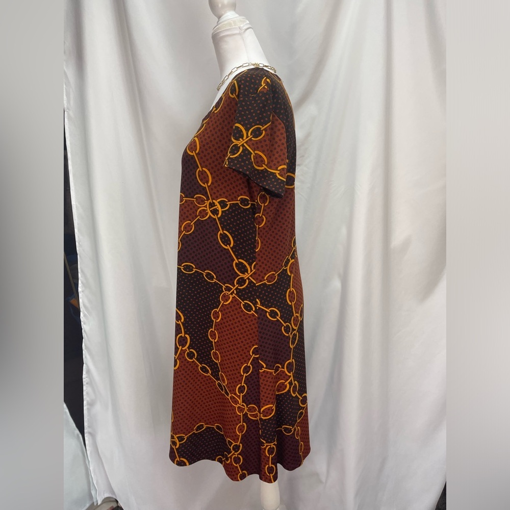 Chain Print Brown polkadot Dress stretchy flowy short sleeve women’s size M - Picture 5 of 15